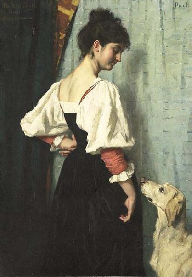 Therese Schwartze Young Italian woman with a dog called Puck. oil painting picture